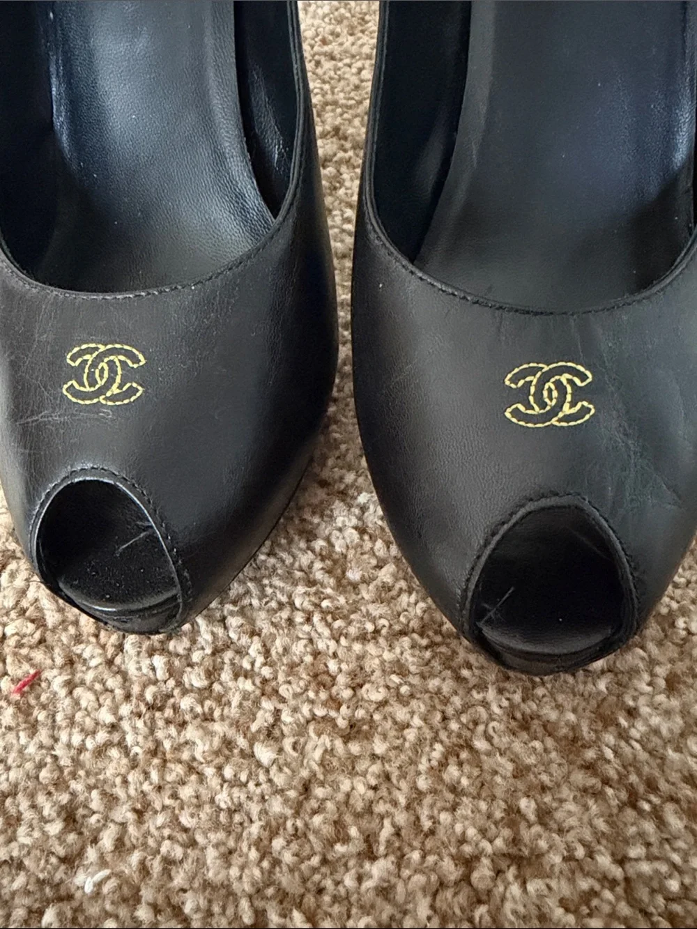 Vintage CHANEL Black Leather Peep-Toe Pumps with Gold CC Emblem